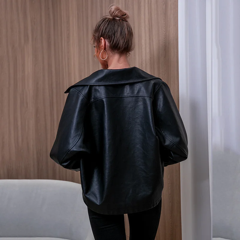 Fashion Pu Casual Leather Jacket Women's Coat Loose Long Sleeve Women's Leather Coat