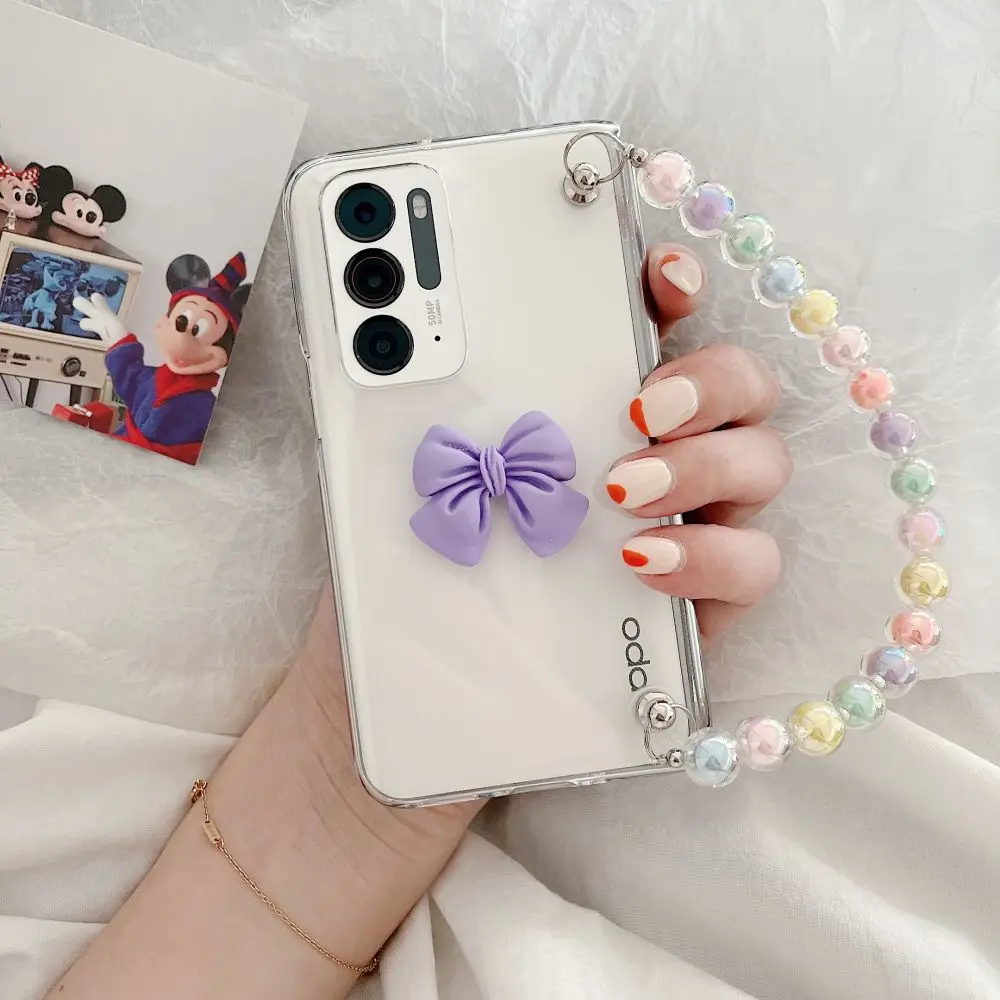 

For OPPO Find N 5G Case Clear Kawaii PC with Bead Strap Lanyard Ultra Thin Flip Hinge Case Shockproof OPPO Find N Cover for Girl