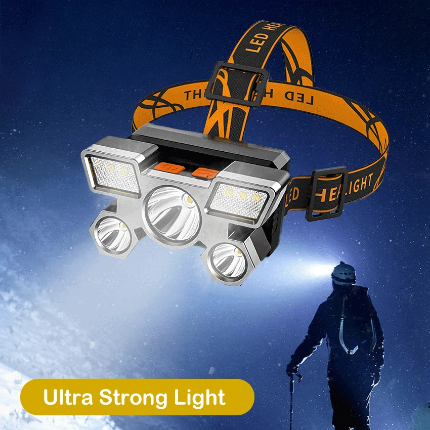 

Powerful 5LED Headlamp with Built-in 18650 Battery USB Rechargeable Portable Flashlight Lantern Outdoor Camping Headlight