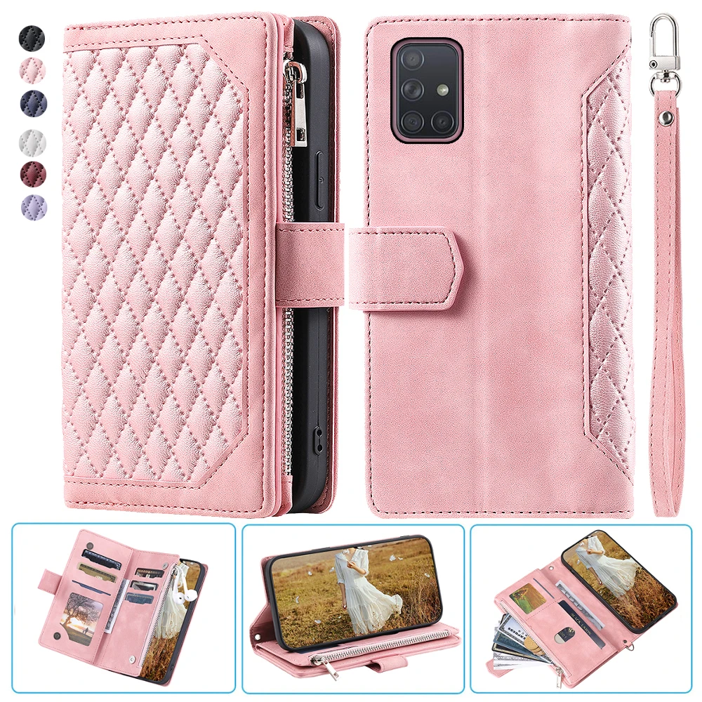 

For Samsung A71 5G Fashion Small Fragrance Zipper Wallet Leather Case Flip Cover Multi Card Slots Cover Folio with Wrist Strap