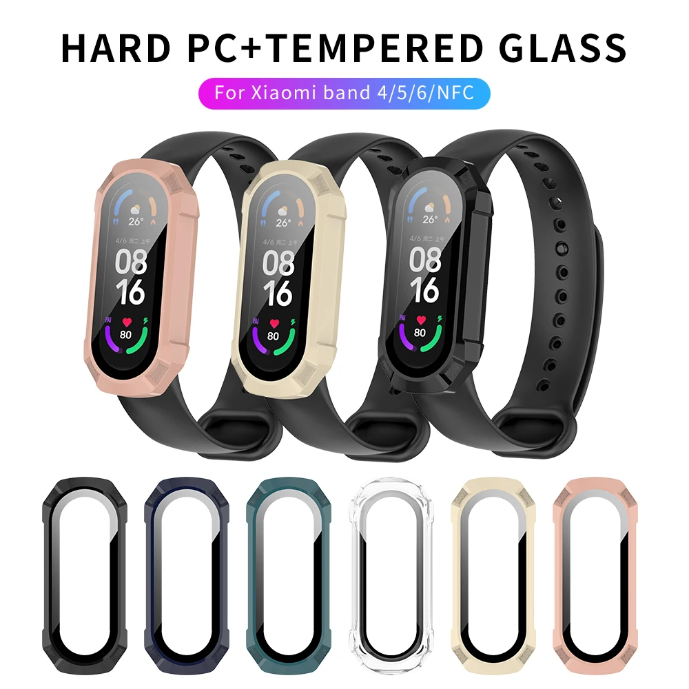 

Жесткий Бампер Из Поликарбоната + Защитная пленка из закаленного стекла, чехол для Xiaomi Mi Band 6 NFC Xiomi Miband 4 5, аксессуары для смарт-браслета