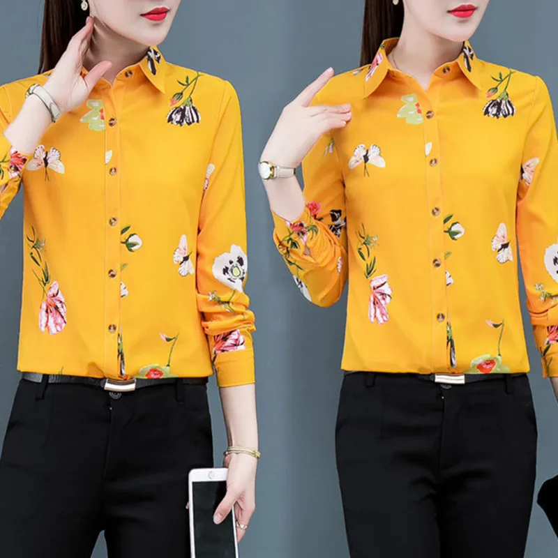 

Women Shirt 2022 Vintage Blouses for Women Printed Floral Long Sleeve Top Polo Neck Button Up Clothing Basic Shirts for Woman OL