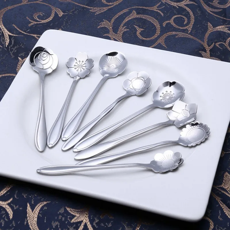 

8Pcs Flower Spoon Set Small Teaspoon Coffee Spoon Cute Ice Cream Dessert Spoon Silver Gold Stainless Steel Spoon For Coffee Tea