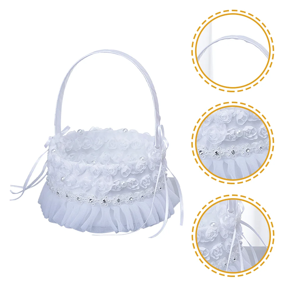 

Basket Flower Wedding Girl Baskets Decoration Satin Gift Children Welcome Stuffers Rhinestone Arrangement Pearl Cute Carry