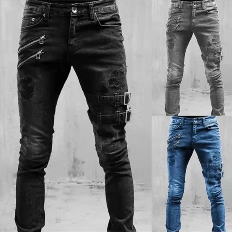Fashion Street Ripped Skinny Jeans Men Style Vintage Wash Solid Denim Trouser Mens Casual Slim fit pencil denim Pants hot sale