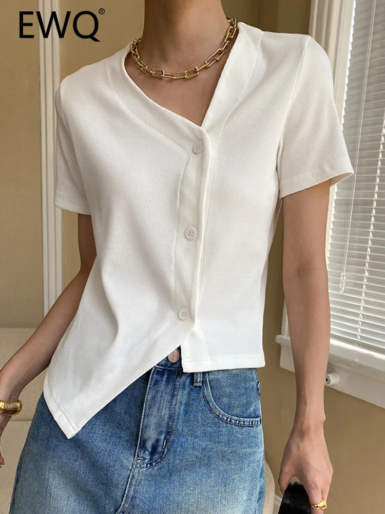 

EWQ French Irregular Split Knitting T-shirt For Women V-neck Short Sleeve Single Breasted Fashion Tops 2023 Summer New 26D2876