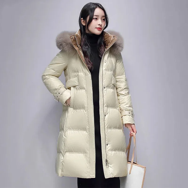 High-End Down Jacket Women Winter 2022 Detachable Hat Long Real Fox Fur Collar Parkas White Duck Down Quality Warm Coat Female