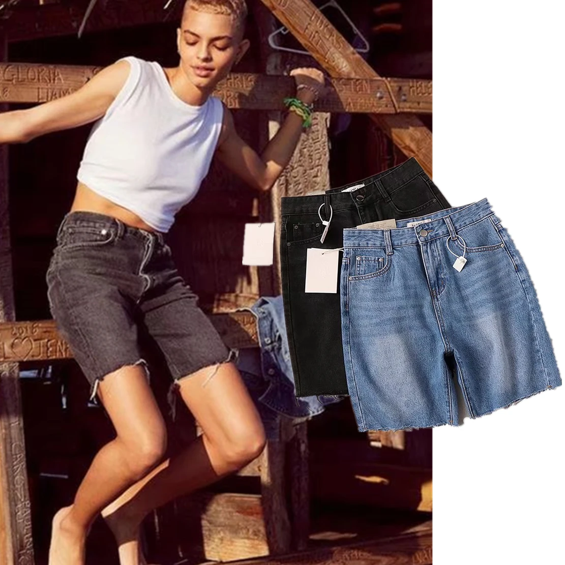 Withered Summer Boyfriend High Waist Bermuda 2023 American Retro Solid Color Washed Distressed Denim Shorts