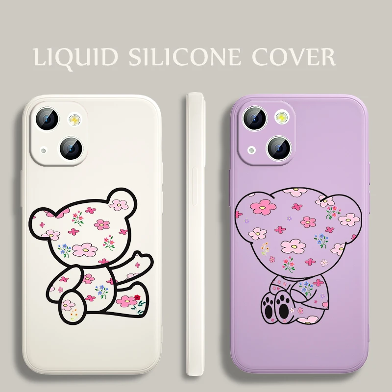 

Flower Bear Cute Liquid Silicone Soft Cover For Apple IPhone 13 12 Mini 11 Pro XS MAX XR X 8 7 6 SE Plus Phone Case