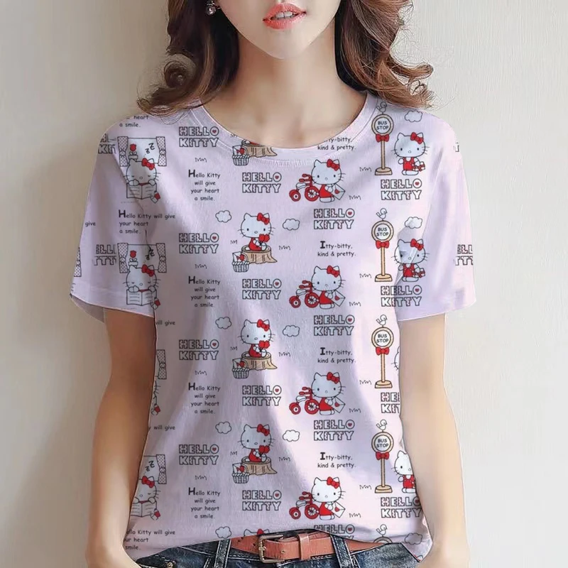 

2023 popular fashion casual women's loose T-shirt pure girl top Hello Kitty print cute blue and white V-neck short sleeve