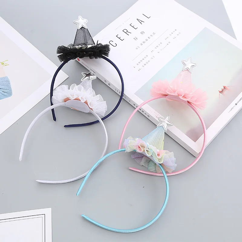 Children Three-dimensional Pointed Top Hat with Transparent Pearl Edge Princess Hair Hoop Girl Illusion Hair Hoop Birthday Hat
