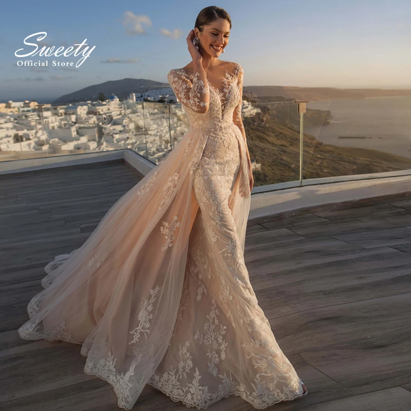 Luxury Detachable 2 In 1 Wedding Dress Embroidered Lace On Net With Train O-neck Fullsleeve Vintage Bride Gowns Vestido De Novia