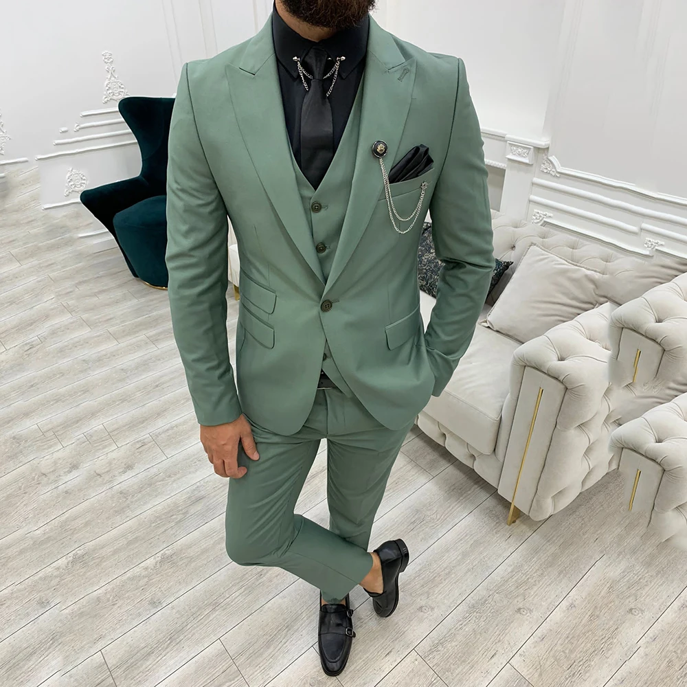 2022 New Men Suit Slim Fit Wedding Groom Wear Peak Lapel One Button Business Suit Male Blazer (Jacket+Pant+Vest) Costume Homme