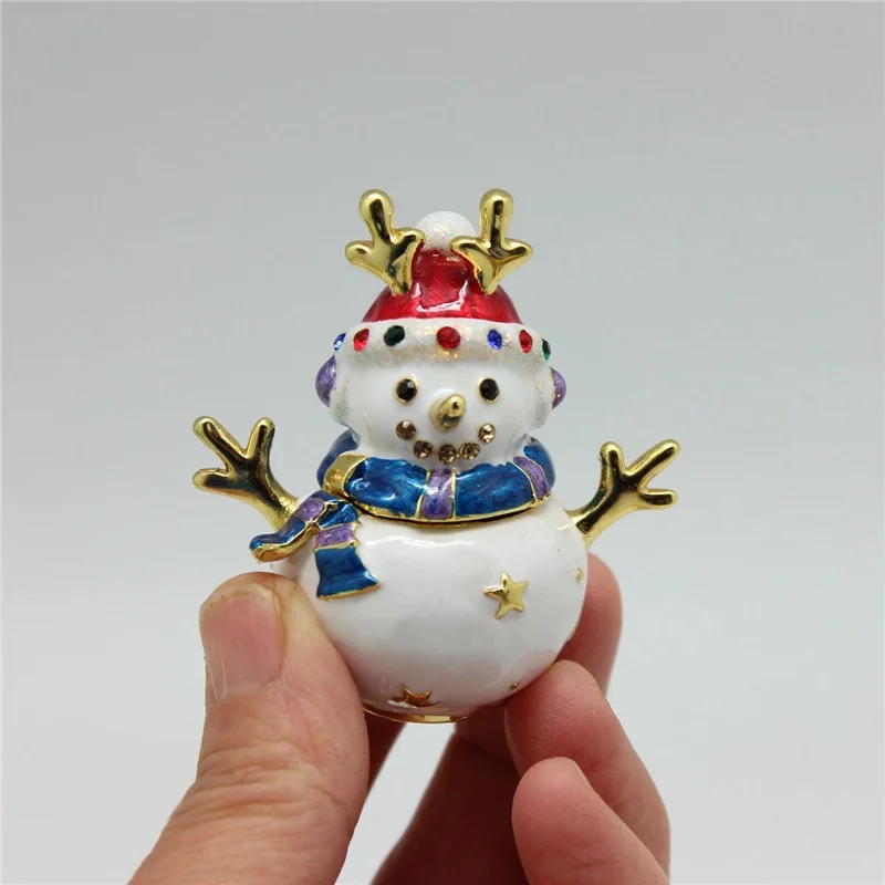 Snowman Jewelry Trinket Boxes Hand Painted Enameled with Shinning Rhinestones, Ring Holder Unique Gift Christmas Decor