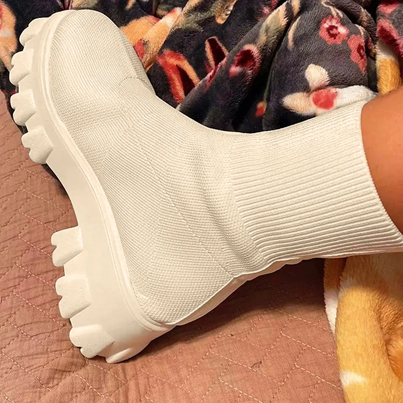 

Женские ботинки до щиколотки, черная обувь на платформе, вязаные ботинки-носки, женские модные мотоциклетные ботинки, зимние ботинки для же...