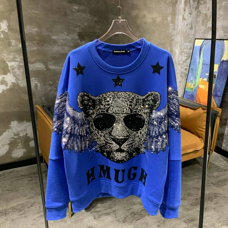 Trendy Men Women Pullovers Sweatshirt 2022 New Autumn Winter O-neck Blue Pullovers Top Rhinestone Leopard Dark Blue Hoodies