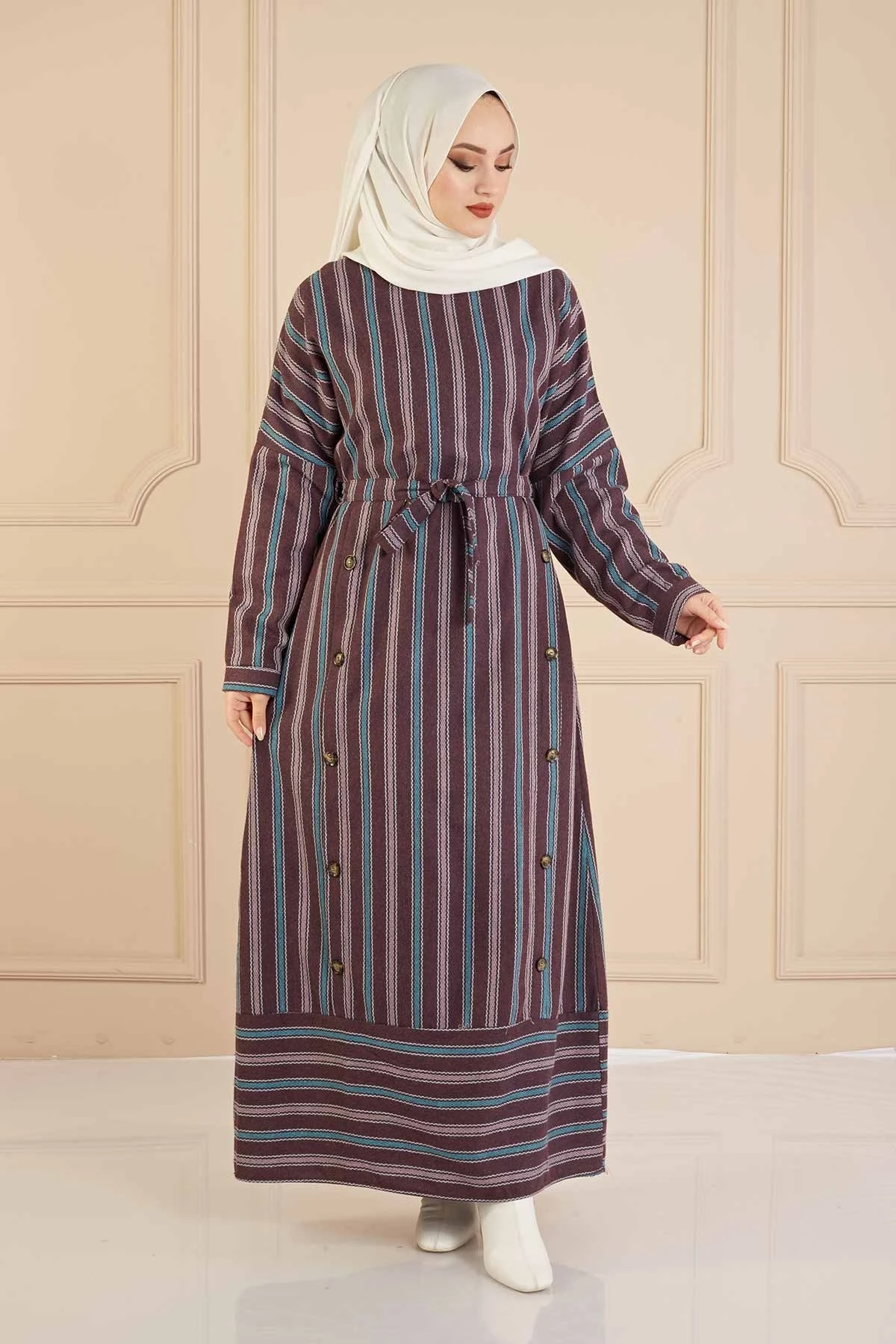 Платье в полоску, цвет Бургунди, зимний, осенний, модель 2021, головной платок, Исламская Турция