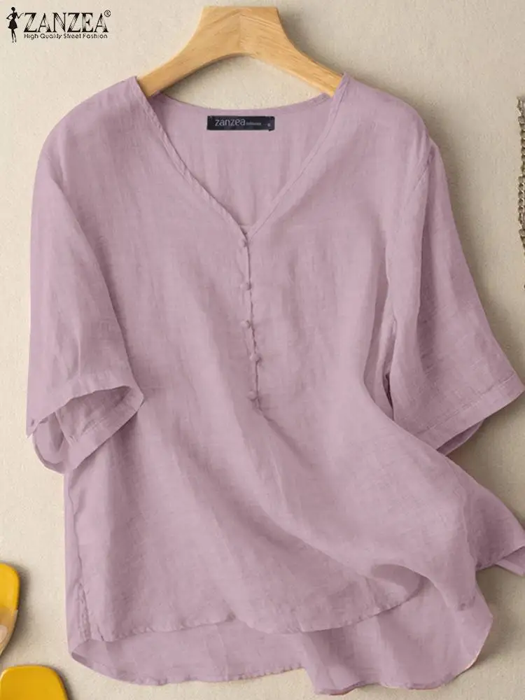 

Блузка ZANZEA женская с V-образным вырезом, повседневный однотонный топ свободного покроя с коротким рукавом, элегантная рубашка-пуловер, лето ...