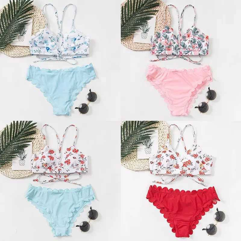 

Floral Print Vintage Women's Bikini Swimsuit Push Up Swimwear Laced Up Back Swim Suit Female Wave Bikini Bottom Mujer Beach Wear