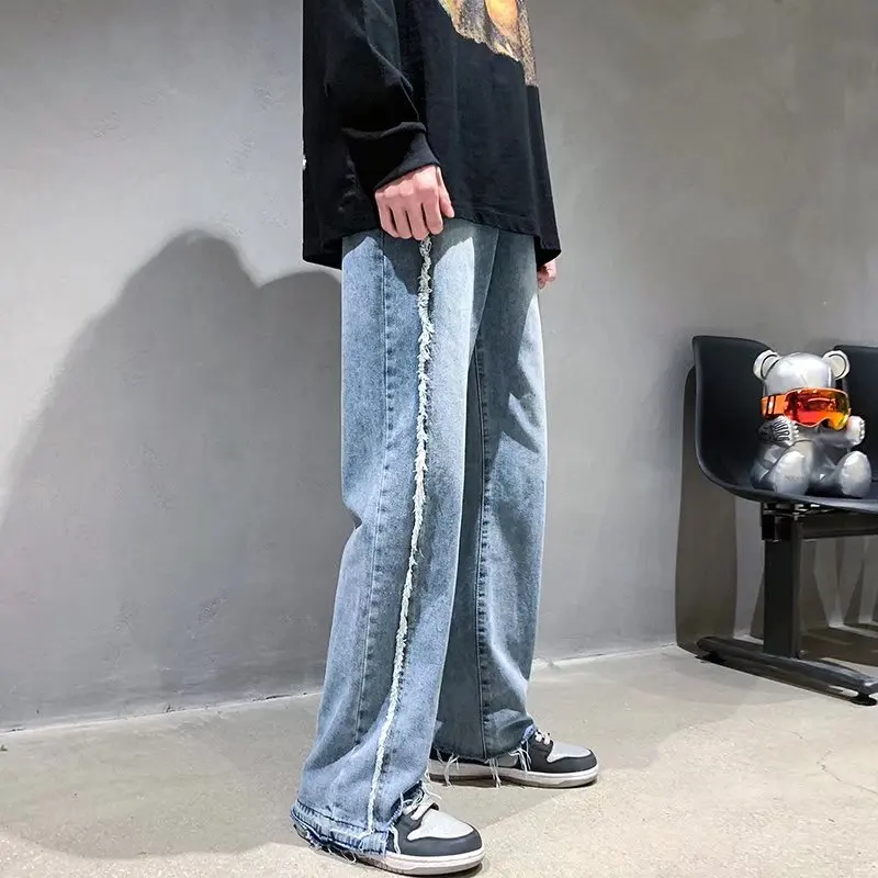 Мужские Модные Синие рваные джинсы в стиле пэчворк Корейском свободные