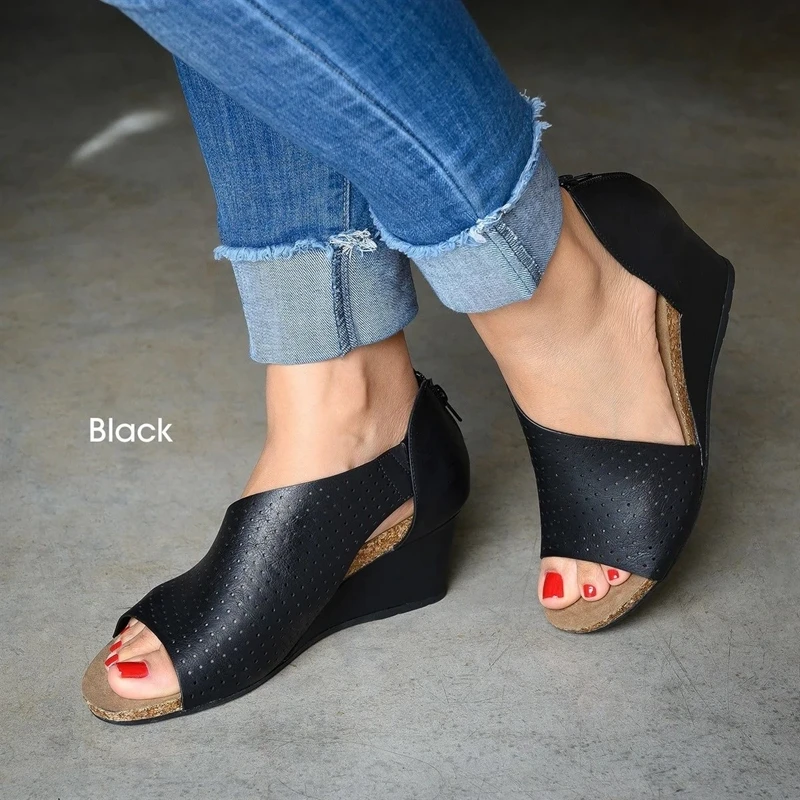 

New Hollow Women's Sandals Wedges 2022 Summer Mesh Breathable Roman Open Toe Large Size 35-43 Sandalias Mujer Zipper Shoes Women