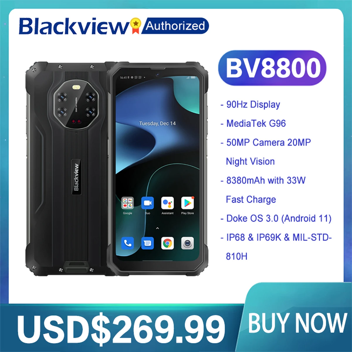 Смартфон Blackview BV8800 защищенный IP68/IP69K 8 + 128 ГБ Helio G96 6 58 дюйма Android 11 NFC 8380 мАч |