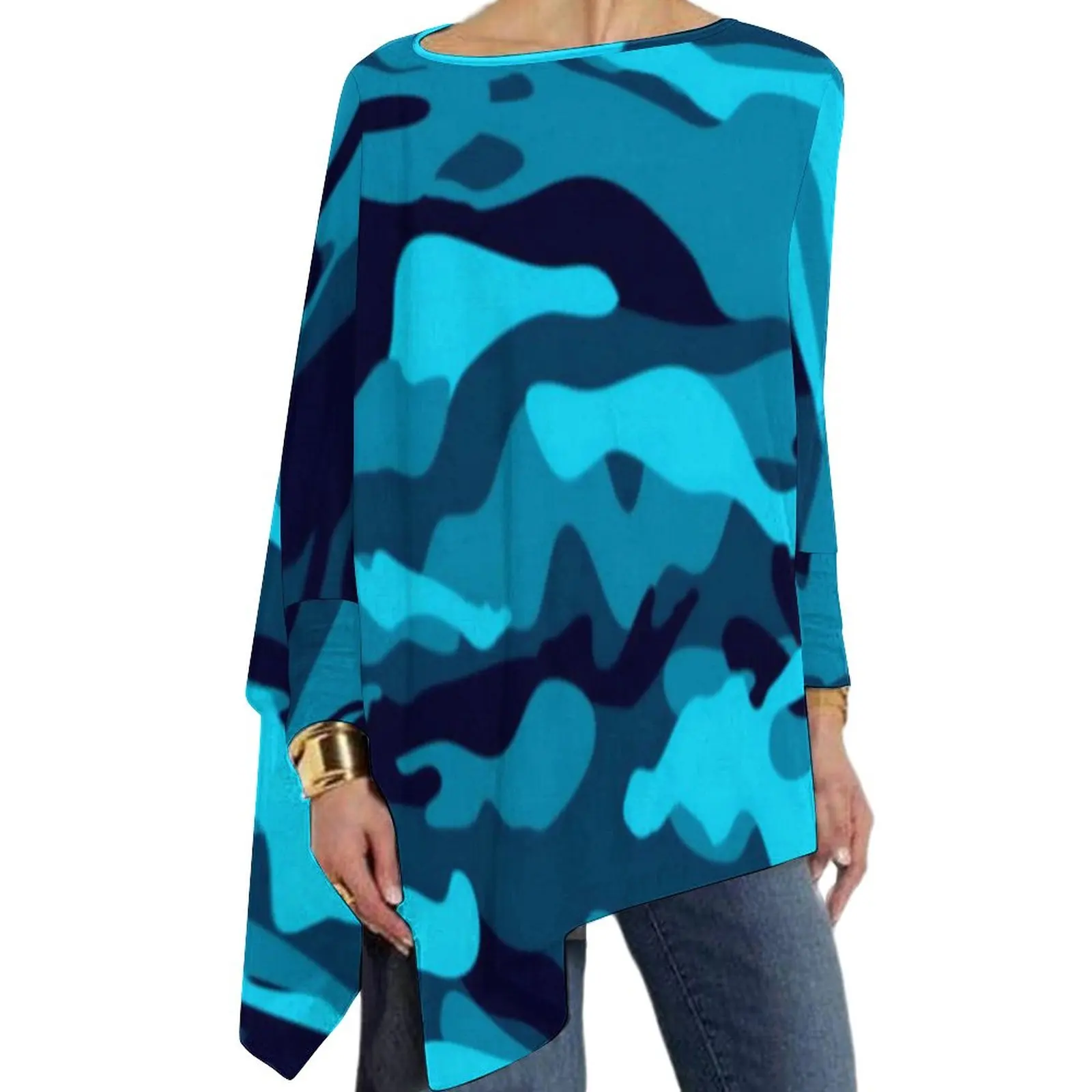 

Женская футболка с длинным рукавом, голубая Повседневная футболка с разноцветным камуфляжным принтом, футболка в эстетическом стиле на осе...