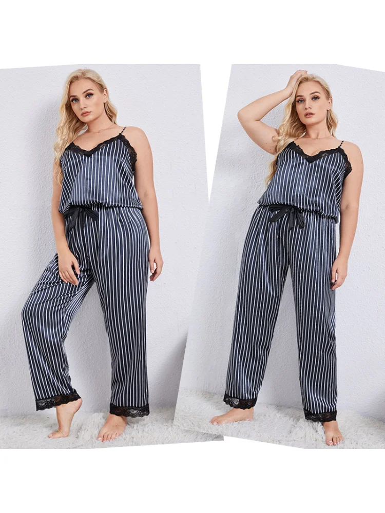 Summer suspender pajamas women's loose suspender pants two-piece silk casual plus size 2 piece set women