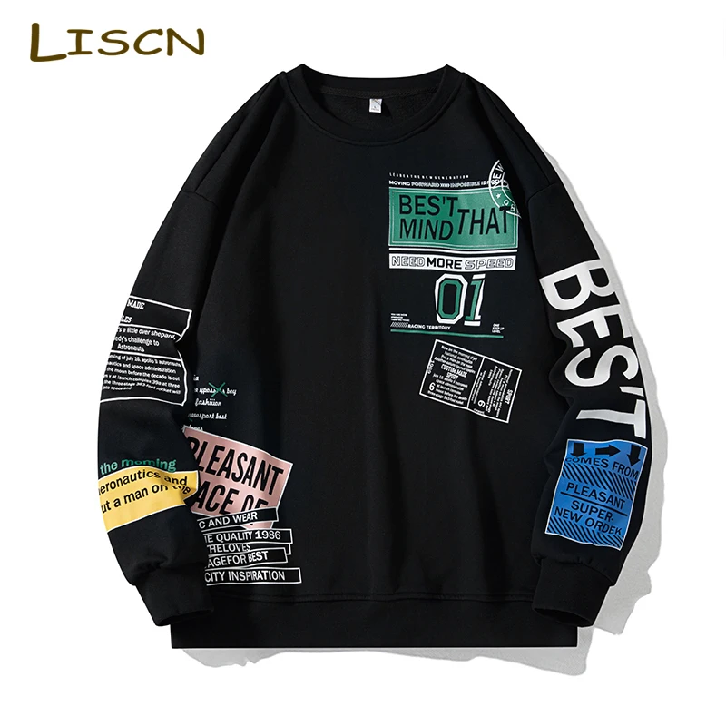 

Свитшот мужской оверсайз в Корейском стиле, модная черная кофта с принтом в стиле хип-хоп, весна-осень