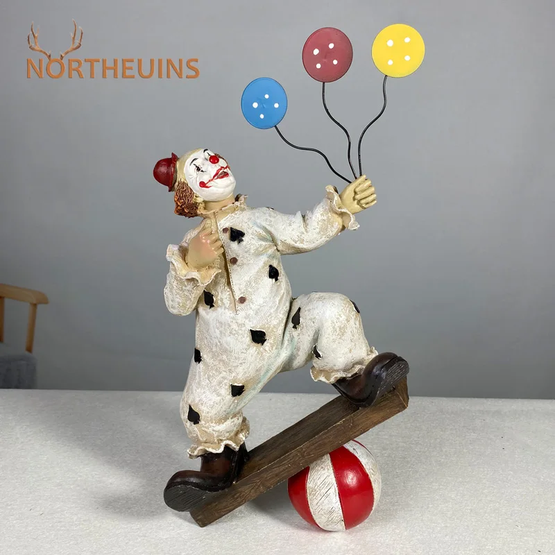 

NORTHEUINS Resin Poker Clown Statue Circus Buffoon Magic Joker Doll Figurines Home Living Room Desktop Decor Children's Gifts