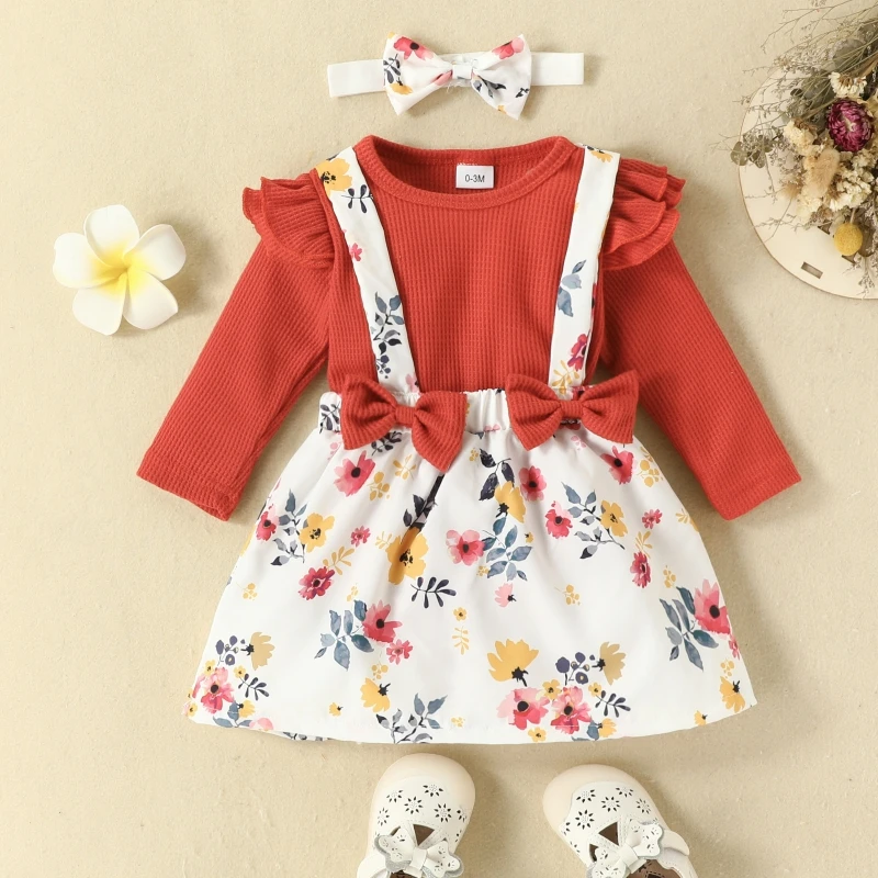 

Synpos 3 Pcs Newborn Baby Girl Clothes Sets Infant Ruffles Bodysuit + Strappy Dress + Headwear New Born Toddler Outfit Clothing