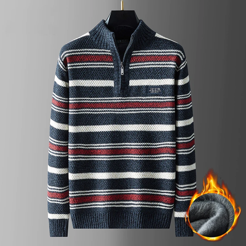 

Мужской флисовый свитер в полоску, с ложным воротником и длинными рукавами