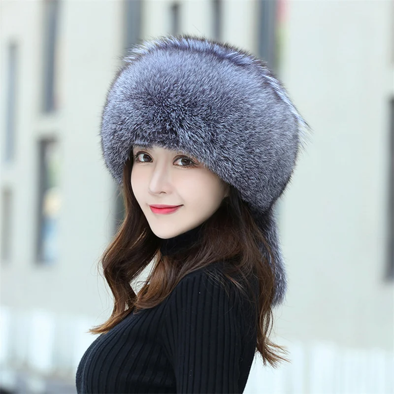 Women's Fox Fur Hats 2022 New Fox Fur Windproof Warm Earmuffs Winter Hats Women's Fur Hats Russian Hats