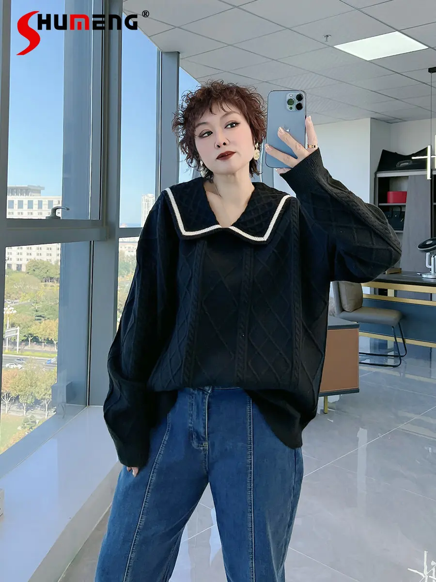 Large Size Women's Clothing Doll Collar Retro High-Grade Sweater Plump Girls Japanese Lapel Trendy Sailor Collar Knitted Top