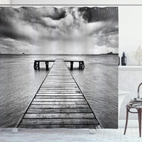 black and white shower curtain old wooden pier on the sea dramatic sky heavy clouds rainy weather cloth fabric bathr
