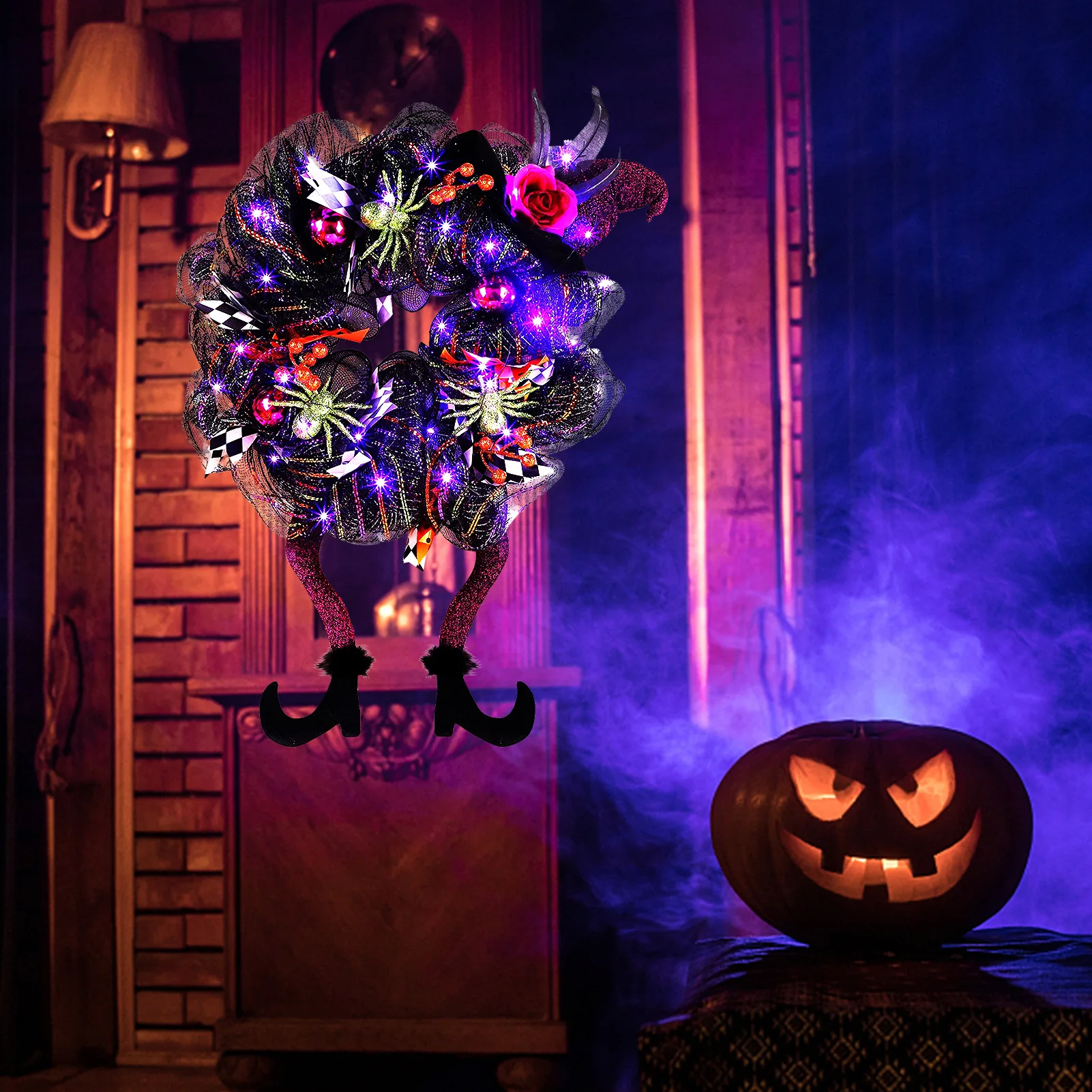 

Хэллоуин, венок ведьмы, дверной венок, светодиодный светильник, призрак, праздничный венок, подвесное украшение, светящиеся строительные ук...