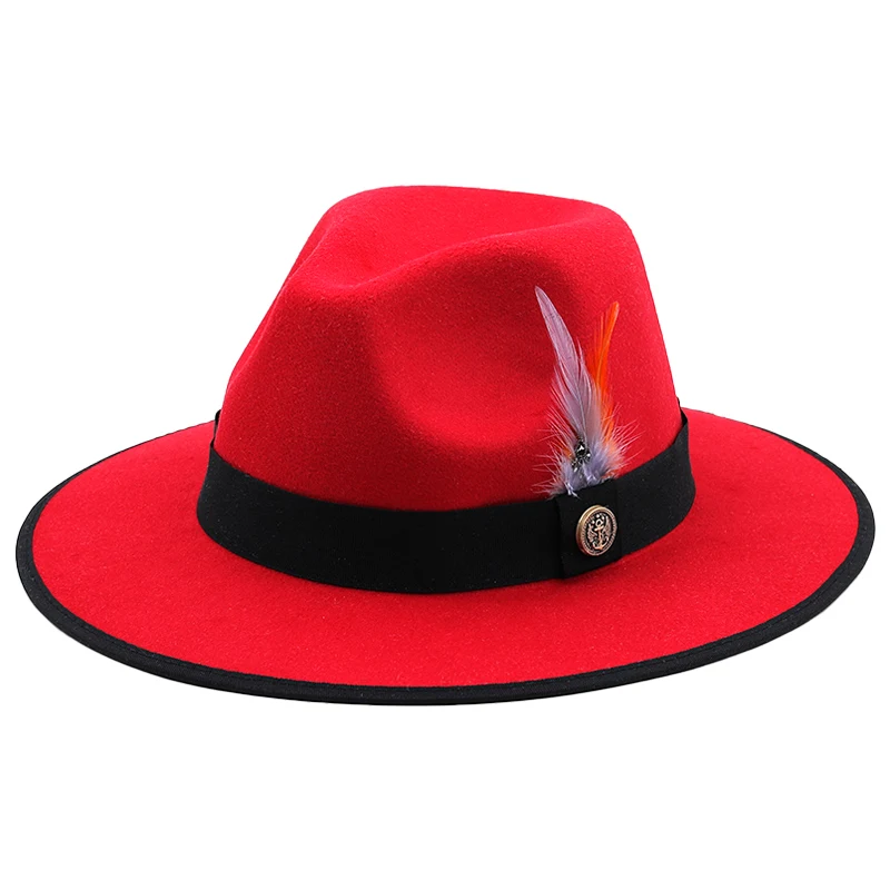 

Wide Brim Wool Hat Men With Feather Fuxury Belts Felted Fedora Hats Women Fascinator Church Jazz Top Hat Chapeau femme Wholesale
