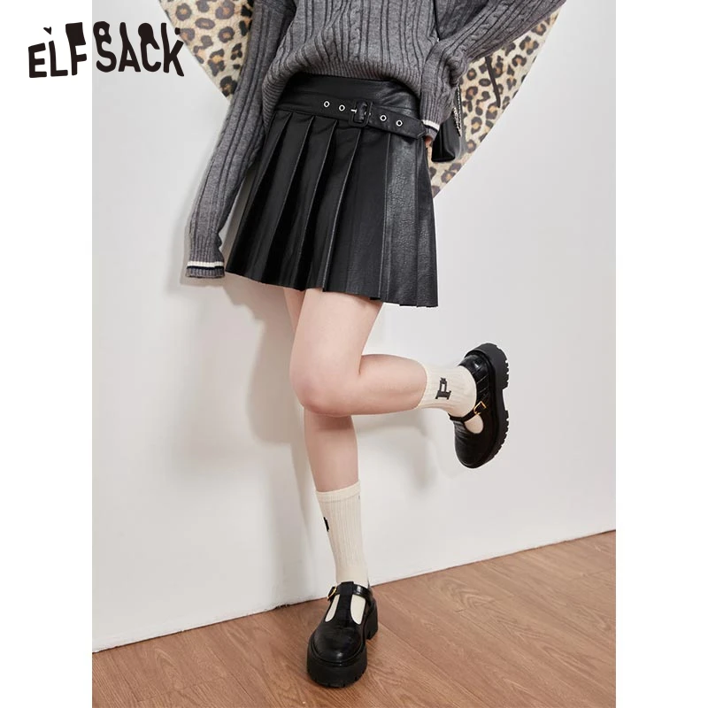 ELFSACK Black High Waist PU Pleated Skirt Women 2022 Autumn/Winter Basic Bottom