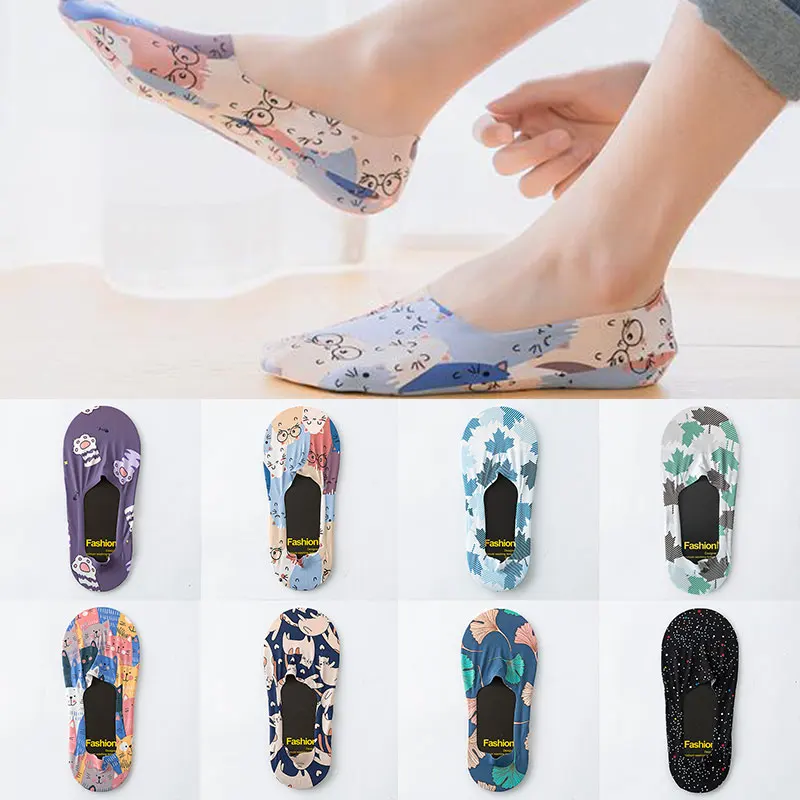 Silicone Anti-skid Socks Girls Cartoon Invisible Socks Sweat Summer Ice Silk Seamless Sock Print Women Boat Socks High Quality
