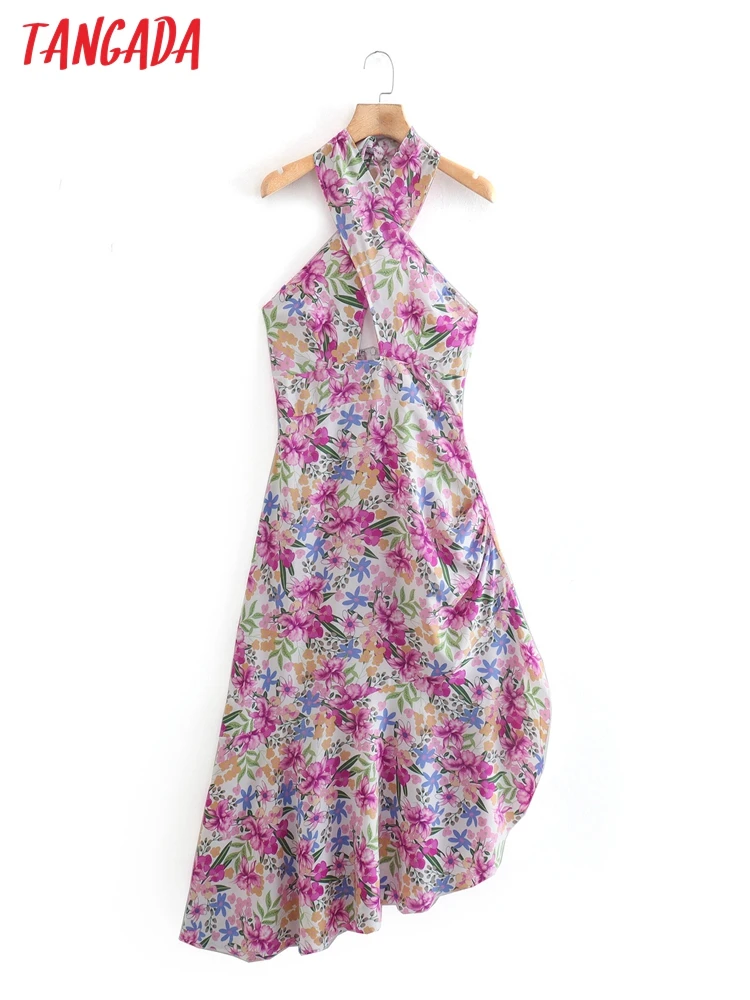 

Tangada 2022 Summer Women Flower Halter Dress Back Bow Sleeveless Ladies Sexy Beach Dress Vestidos 8Y46