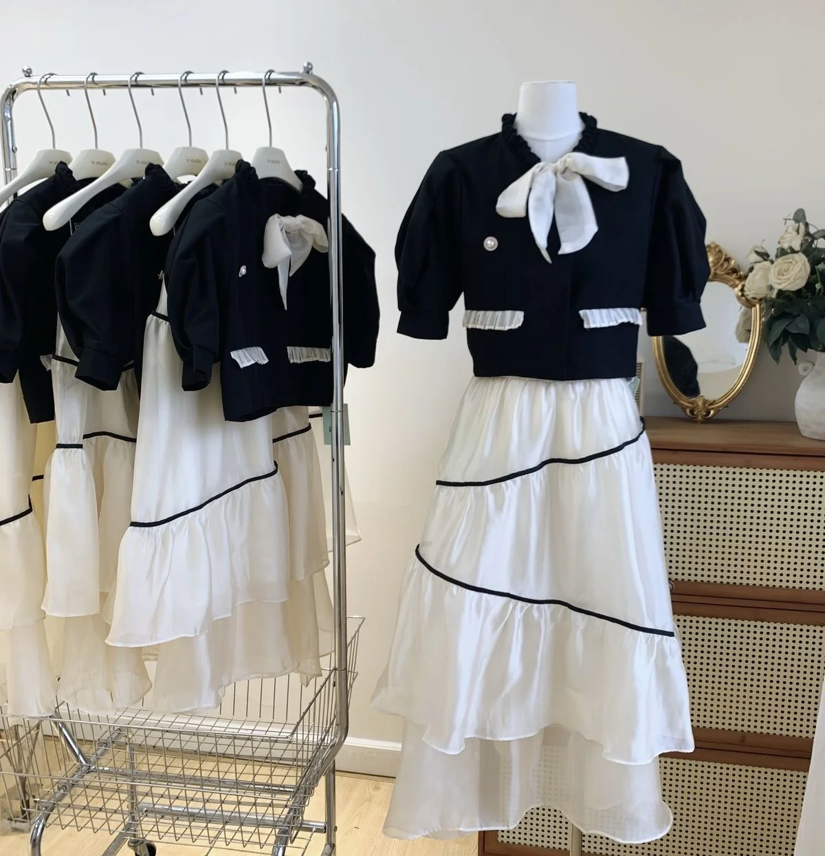 

Bow Crop Jacket + Long White Stripes Skirts Autumn Women Two Piece Set