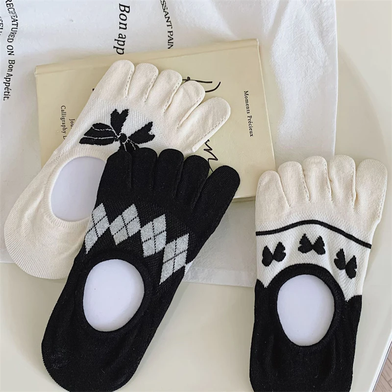 

Новые модные милые носки-тапочки с бантом, хлопковые сетчатые дышащие женские носки с пятью пальцами, впитывающие пот