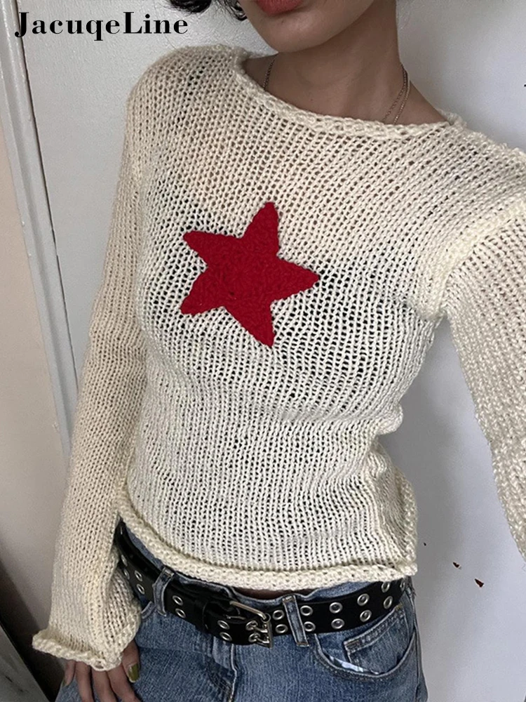 

Jacqueline y2k Smock Sweater T Shirts Women Cute Star Stitching Knitwear Vintage Long Sleeve Hollow Out Crop Top Fairycore Retro