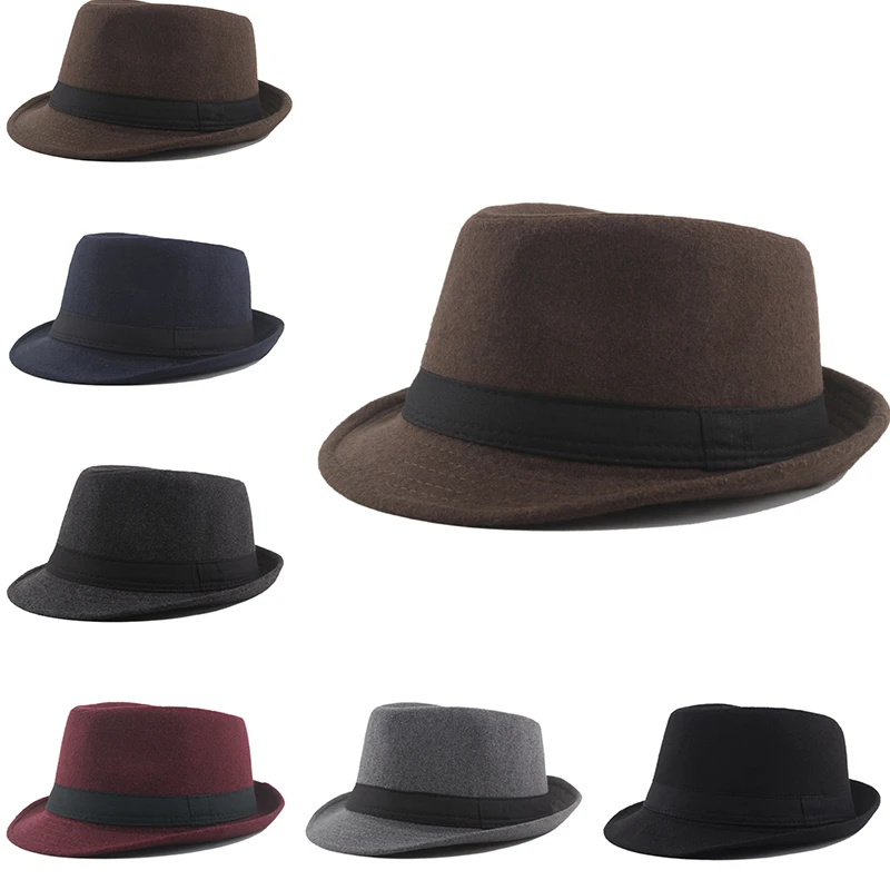 

Autumn Winter Woolen Fedoras Hat Wide Brim Classic Bowler Hats Ribbon Band Flat Top Formal Fedoras Men Cap