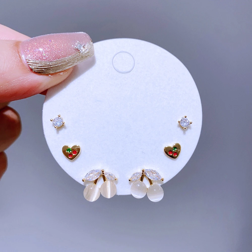 Высококачественные 3-парные серьги-гвоздики с камнем кошачий глаз и вишней для