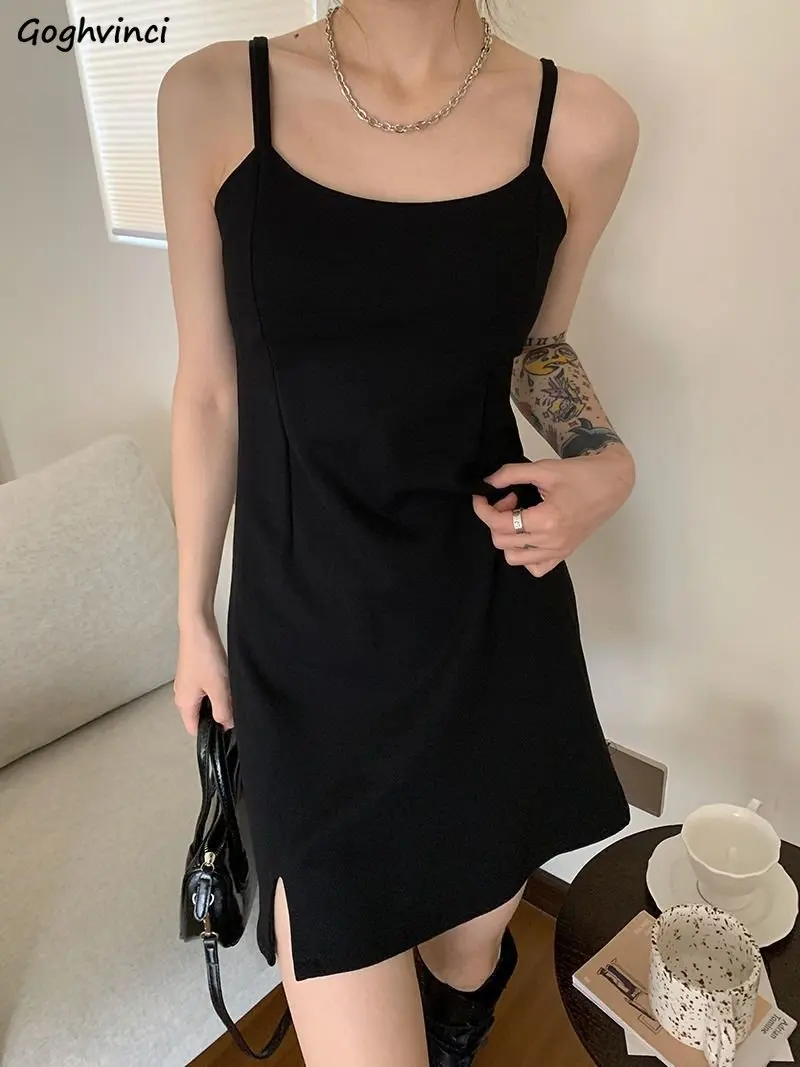 

Black Sleeveless Mini Dress Women Summer Solid Side Slit Elegant Sexy Club Cute Casual Vestidos De Mujer for Ladies Retro Thin