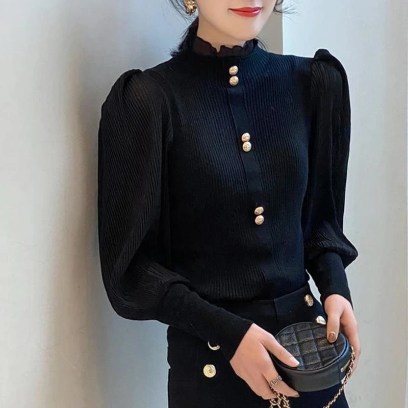 

Elegant Chiffon Patchwork Turtleneck Sweater Women 2023 Winter New Korean Knitted Tops Long Sleeve Pullovers Femme