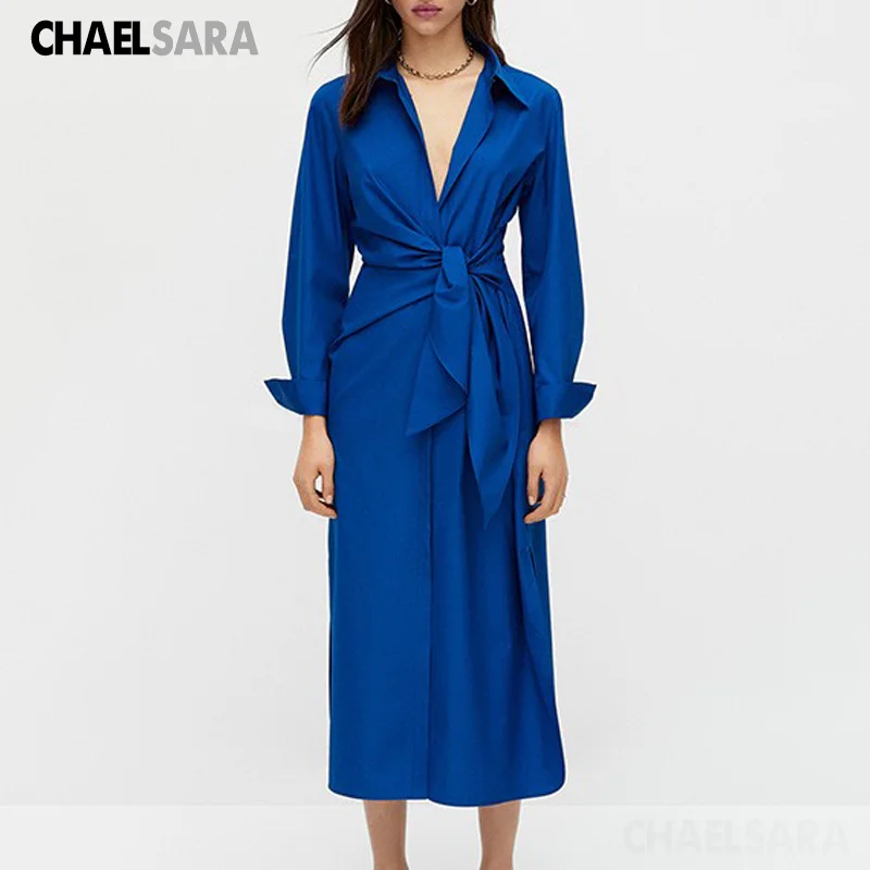 

Женское Повседневное платье с поясом, однотонное Элегантное синее платье-рубашка средней длины, весна 2022