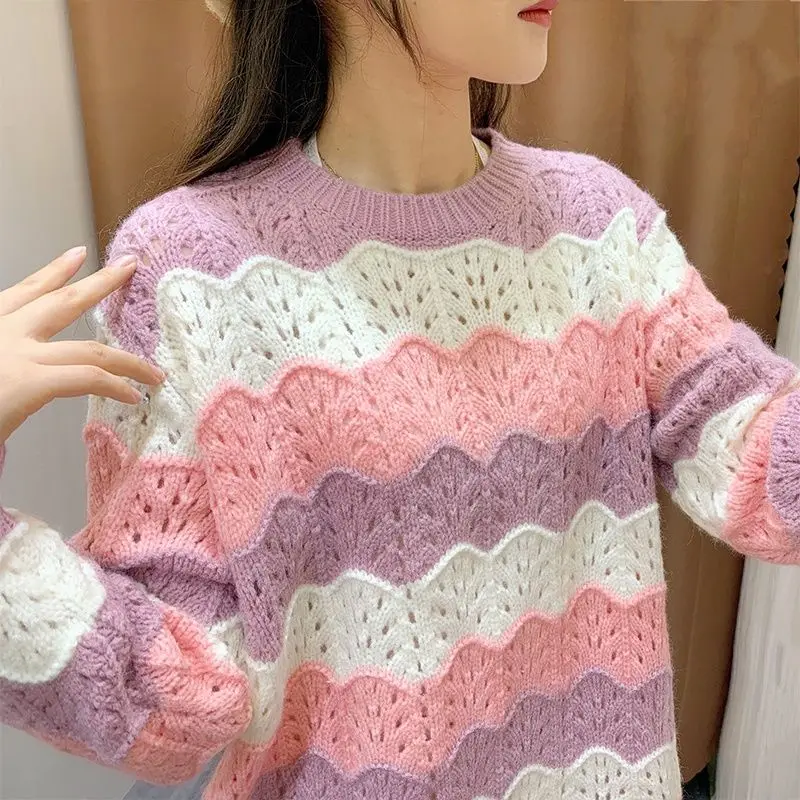 

Женский трикотажный пуловер в полоску, повседневный теплый Свободный пуловер с длинным рукавом, европейская версия, Осень-зима 2022, E23