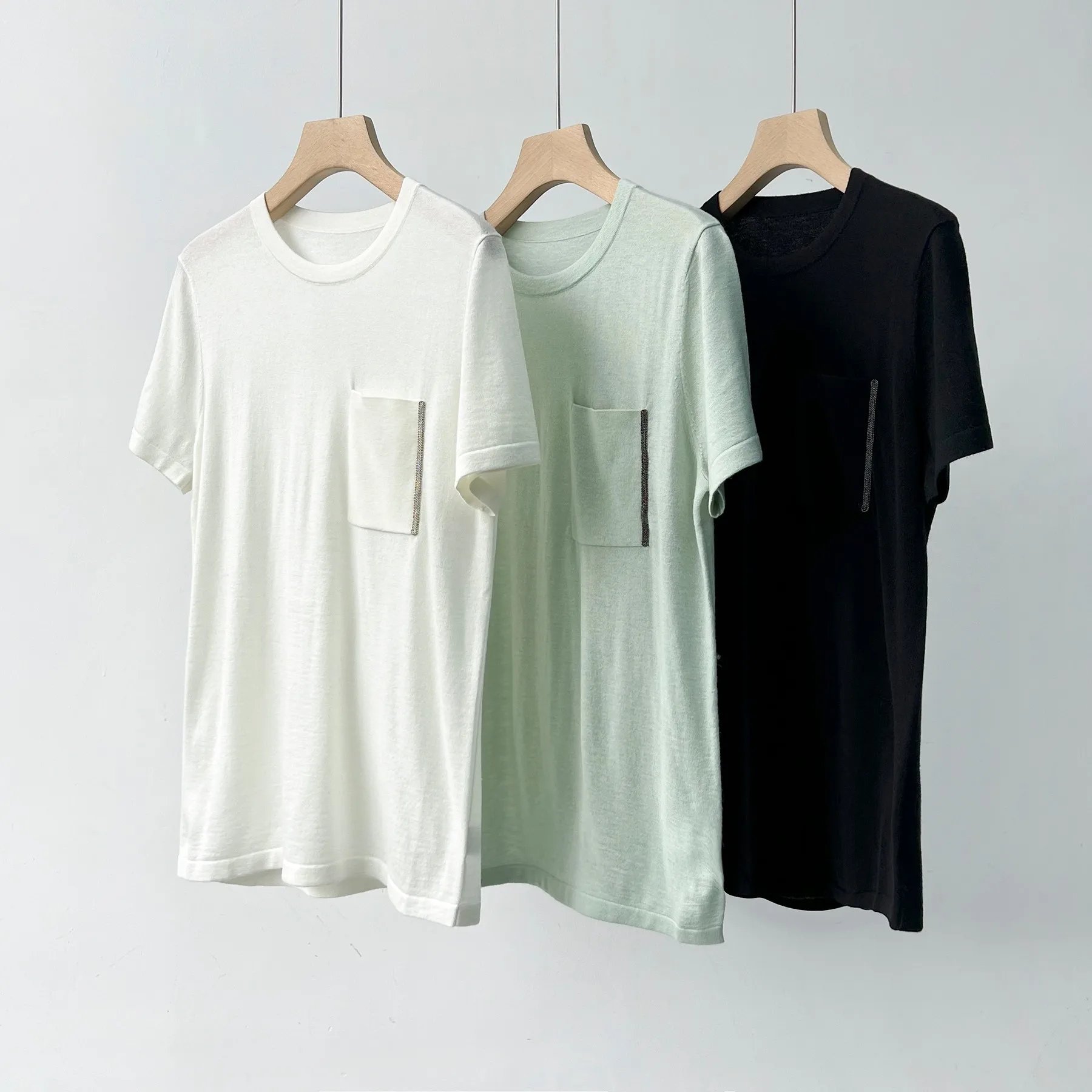 

Women T-shirt Knitwear Simple Beadings Short Sleeve Solid Loose O-neck Knitting Tees Wool Casual Summer
